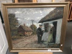 An oil on canvas of a postman in village signed Oskar Stoak