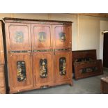 An Edwardian oriental lacquered triple wardrobe & bed frame (frame A/F)