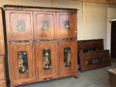 An Edwardian oriental lacquered triple wardrobe & bed frame (frame A/F)