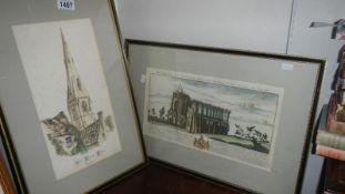 A Crowland Abbey framed print by S.Buck 1726 and Ewerby Church framed coloured print by Wickes.