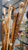 A quantity of assorted walking sticks including shepherd's crook, animal shaped handles etc.