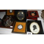 A silhouette, an oval portrait, 3 framed Wedgwood plaques etc.