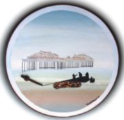 The West Pier Brighton 20” Diameter Circle / Oil Paint on board / original beach shingle + Bolt as