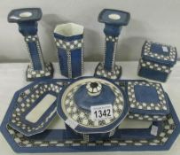 A Royal Doulton Virginia blue pattern trinket set with square and leaf shaped pattern, Reg. No.