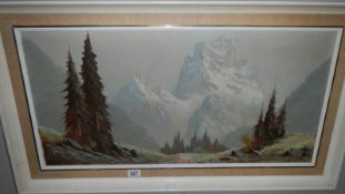 An oil on canvas mountain scene, signed but indistinct.