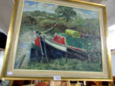 A Marjorie Neden oil on board - canal barge, Harefield, Denham (details verso), signed.