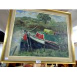 A Marjorie Neden oil on board - canal barge, Harefield, Denham (details verso), signed.