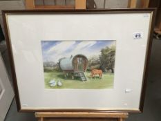 A watercolour painting of Romany Gypsy caravan and horse scene signed Lionel