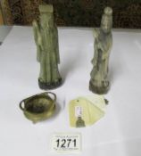 A brass censor, 2 soapstone figures and ivory dance cards.