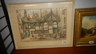 A framed & glazed watercolour continental village scene by W.