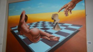An oil on canvas surrealist style painting of female nude on chess board signed and datede M