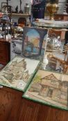 An oil on canvas Venetian canal scene signed D Davis and 2 watercolours of continental street