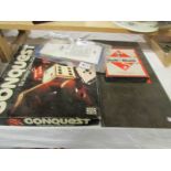 A vintage monopoly set, Ruddles horse shoe game and Conquest Strategy dice game.