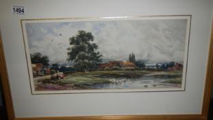 A Wilfred Ball 1902 watercolour panoramic landscape with duck pond.