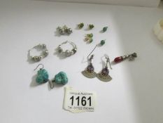 A pair of vintage turquoise ear pendants, 2 pairs of silver earrings (one hoop,