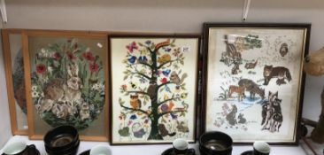 5 framed animal related embroidery pictures