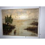An oil on canvas painting of flying geese over an estuary signed Jan Van Dyk.