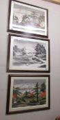 3 framed and glazed Japanese scenes.