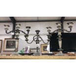 3 x three armed white metal candlesticks