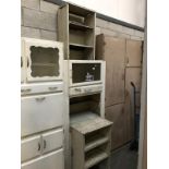 A 1950's/1960's white painted kitchen cabinet and a pair of small kitchen shelves