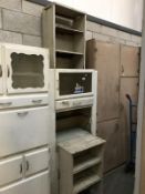 A 1950's/1960's white painted kitchen cabinet and a pair of small kitchen shelves