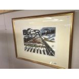 An abstract pencil signed limited edition 4/5 silk screen print of Hexham racecourse by Kathleen M