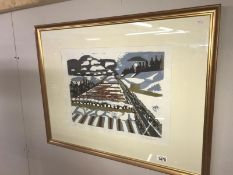 An abstract pencil signed limited edition 4/5 silk screen print of Hexham racecourse by Kathleen M