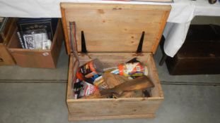 A chest & contents of tools including level & other contents including gun hilt