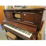 A Weber of London pianola piano with stool and box of pianola rolls.