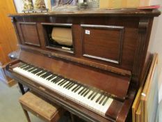 A Weber of London pianola piano with stool and box of pianola rolls.