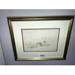 A framed and glazed sepia wash drawing 'Docked Boats' by William L Wyllie, image 20 x 14 cm.