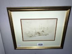 A framed and glazed sepia wash drawing 'Docked Boats' by William L Wyllie, image 20 x 14 cm.
