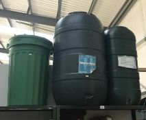 2 plastic water butts (100 + 210 litre) and a green plastic dustbin