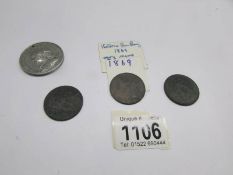 A rare 1869 Victorian penny, 2 others and an 1897 commemorative medallion.