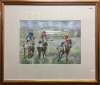 A watercolour of horses approaching the winning line at Hexham races, signed Kathleen M Sisterson,