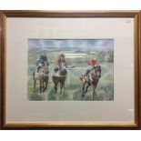A watercolour of horses approaching the winning line at Hexham races, signed Kathleen M Sisterson,