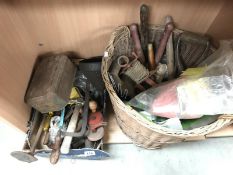 A quantity of old tools including wicker basket