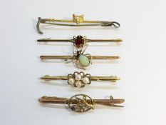 Five 9ct gold bar brooches, fox head, others set opal, seed pearls & garnet,