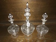 A set of 3 glass decanters etched with City of London crest, (1 a/f).