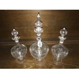 A set of 3 glass decanters etched with City of London crest, (1 a/f).