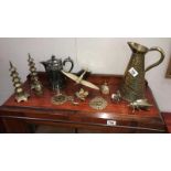 A collection of brass ornaments and a silver plated coffee pot