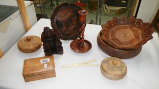 7 items of woodenware including figure, bowls, trinket boxes & a bone glove stretcher etc.