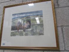 A watercolour of horses coming over the sticks at Hexham races signed by Kathleen M Sisterson, M.