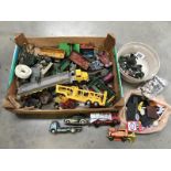 A box of die-cast toy trucks, lorries, cars & a box of toy signs, wheels etc.