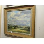 An oil painting of a rural Norfolk landscape entitled 'The Valley Farm' signed Owen Waters (label