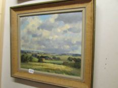 An oil painting of a rural Norfolk landscape entitled 'The Valley Farm' signed Owen Waters (label