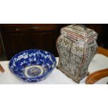 A 19th century oriental (possibly Japanese) blue & white bowl A/F & an Arabian style lidded box