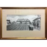 A charcoal drawing of horses parading round the ring at Hexham racecourse by Kathleen M Sisterson,