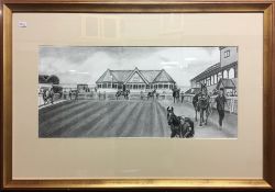 A charcoal drawing of horses parading round the ring at Hexham racecourse by Kathleen M Sisterson,