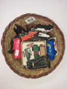 A tray of toy cars & figurines including Lesney & Corgi etc.